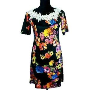 Black Dress Floral Print A Line Short Sleeve L Midi Applique Collar Large